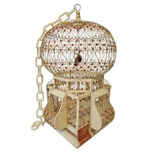 Vintage Metal Wire and Wood Bird Cage Dome Top Balloon Birdcage Victorian